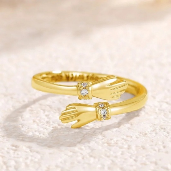 Picture of Wholesale Women's Gift Hand Message " Always With You " Clear Rhinestone Open Adjustable Rings, Brass, Exquisite Stylish Jewelry Supply