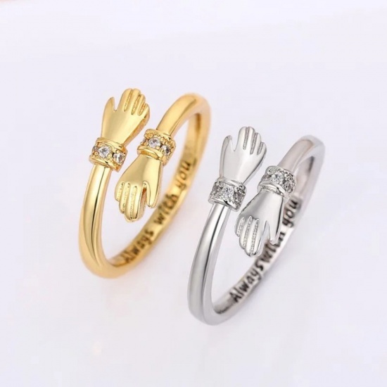 Picture of Wholesale Women's Gift Hand Message " Always With You " Clear Rhinestone Open Adjustable Rings, Brass, Exquisite Stylish Jewelry Supply