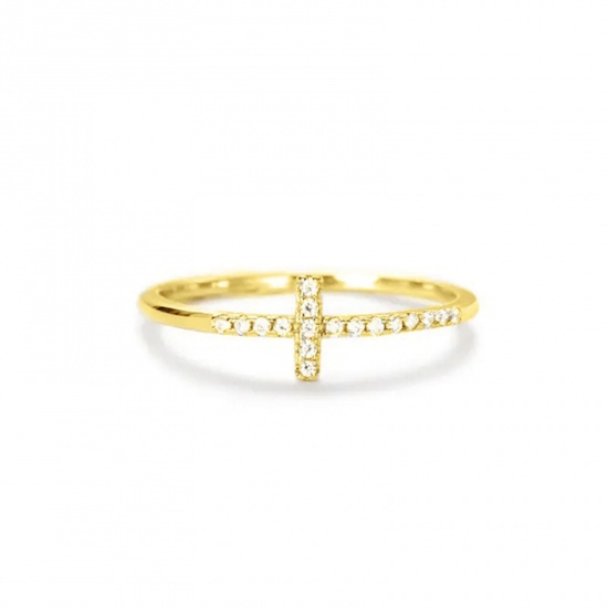 Picture of Wholesale Women's Gift Cross Clear Rhinestone Unadjustable Rings, Brass, Punk Minimalist Jewelry Supply