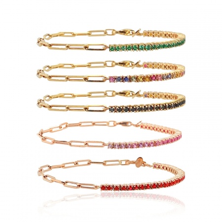 Picture of Wholesale Multicolor Rhinestone Brass Paperclip Link Chain Half Tennis Bracelet, 18K Gold Plated Women's Exquisite Stylish Gift Jewelry Supply, 24cm(9.4") long