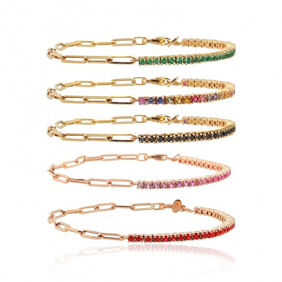 Picture of Wholesale Multicolor Rhinestone Brass Paperclip Link Chain Half Tennis Bracelet, 18K Gold Plated Women's Exquisite Stylish Gift Jewelry Supply, 24cm(9.4") long
