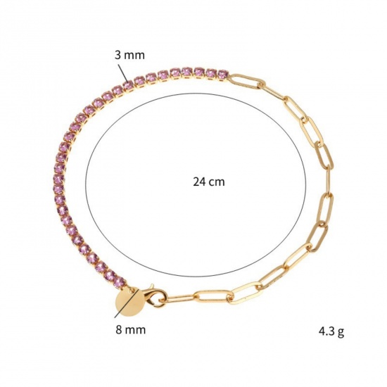 Picture of Wholesale Multicolor Rhinestone Brass Paperclip Link Chain Half Tennis Bracelet, 18K Gold Plated Women's Exquisite Stylish Gift Jewelry Supply, 24cm(9.4") long