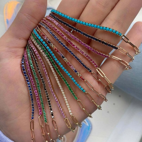 Picture of Wholesale Multicolor Rhinestone Brass Paperclip Link Chain Half Tennis Bracelet, 18K Gold Plated Women's Exquisite Stylish Gift Jewelry Supply, 24cm(9.4") long