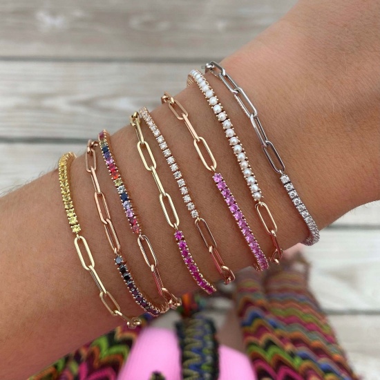 Picture of Wholesale Multicolor Rhinestone Brass Paperclip Link Chain Half Tennis Bracelet, 18K Gold Plated Women's Exquisite Stylish Gift Jewelry Supply, 24cm(9.4") long