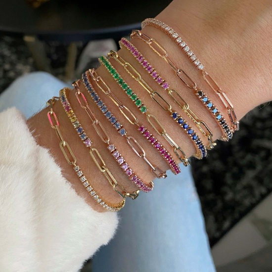 Picture of Wholesale Multicolor Rhinestone Brass Paperclip Link Chain Half Tennis Bracelet, 18K Gold Plated Women's Exquisite Stylish Gift Jewelry Supply, 24cm(9.4") long