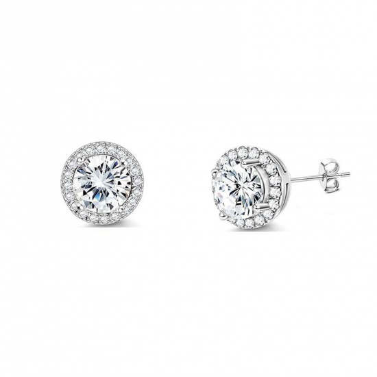 Immagine di Squisito Elegante Orecchini a Perno All'Ingrosso, Tondo Trasparente Circonio Cubico 304 Acciaio Inossidabile, Donne Ecologico Regalo Fornitura di Gioielli, 8mm Dia., 2 Pz