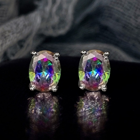 Bild von Großhandel Exquisit Stilvoll Ohrring Ohrstecker, Oval Bunt Strassstein Messing, Frauen Geschenk Schmuckbedarf, 9mm x 6mm