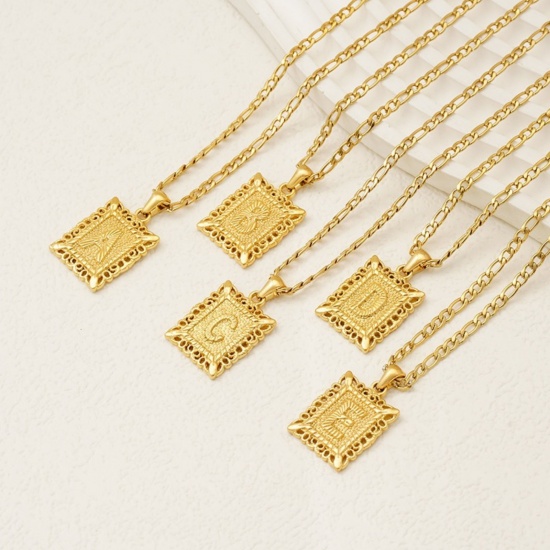 Picture of Wholesale Rectangle Capital Alphabet Initial Letter Message " A-Z " Pendant Charm Necklace, 18K Gold Plated 304 Stainless Steel Women's Eco-friendly PVD Exquisite Stylish Gift Jewelry For Retailer, 51cm(20.1") long
