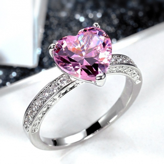 Picture of Wholesale Women's Wedding Heart Multicolour Cubic Zirconia Unadjustable Rings, Platinum Plated Brass, Valentine's Day Stylish Jewelry Supply