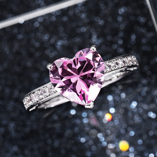 Picture of Wholesale Women's Wedding Heart Multicolour Cubic Zirconia Unadjustable Rings, Platinum Plated Brass, Valentine's Day Stylish Jewelry Supply