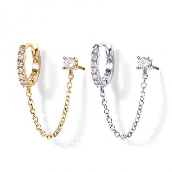 Picture of Wholesale Hip-Hop Stylish Huggie Hoop Earrings, Clear Cubic Zirconia Brass, Women's Gift Jewelry Supply, 14mm Dia.