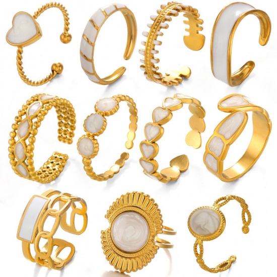 Picture of Wholesale Women's Gift White Enamel Open Adjustable Rings, 18K Gold Plated 304 Stainless Steel, Eco-friendly PVD Exquisite Stylish Jewelry Supply