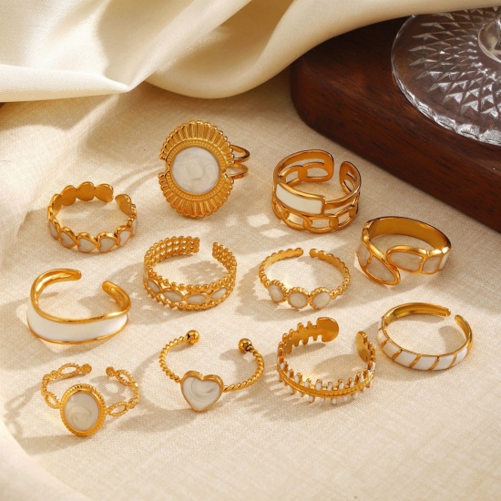 Picture of Wholesale Women's Gift White Enamel Open Adjustable Rings, 18K Gold Plated 304 Stainless Steel, Eco-friendly PVD Exquisite Stylish Jewelry Supply