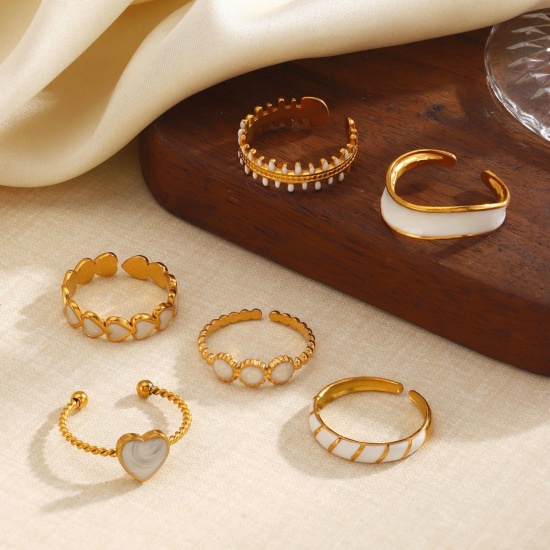 Picture of Wholesale Women's Gift White Enamel Open Adjustable Rings, 18K Gold Plated 304 Stainless Steel, Eco-friendly PVD Exquisite Stylish Jewelry Supply