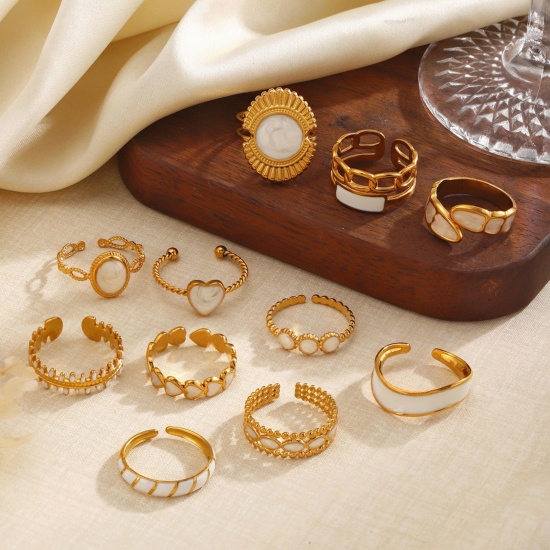 Picture of Wholesale Women's Gift White Enamel Open Adjustable Rings, 18K Gold Plated 304 Stainless Steel, Eco-friendly PVD Exquisite Stylish Jewelry Supply