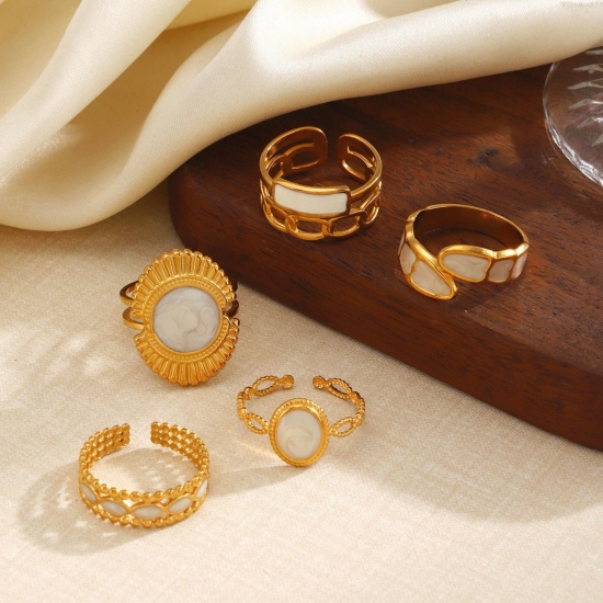 Picture of Wholesale Women's Gift White Enamel Open Adjustable Rings, 18K Gold Plated 304 Stainless Steel, Eco-friendly PVD Exquisite Stylish Jewelry Supply