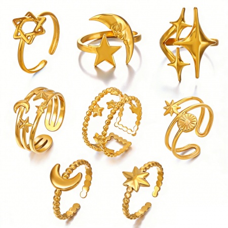 Immagine di Donne Regalo Stella Luna Aperto Regolabile Anello All'Ingrosso, Placcato Oro 18K 304 Acciaio Inossidabile, PVD Ecologica Galassia Elegante Fornitura di Gioielli, 1 Pz
