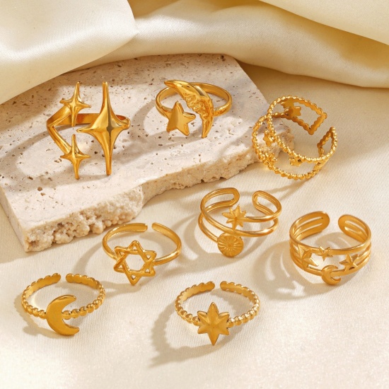 Picture of Wholesale Women's Gift Star Moon Open Adjustable Rings, 18K Gold Plated 304 Stainless Steel, Eco-friendly PVD Galaxy Stylish Jewelry Supply