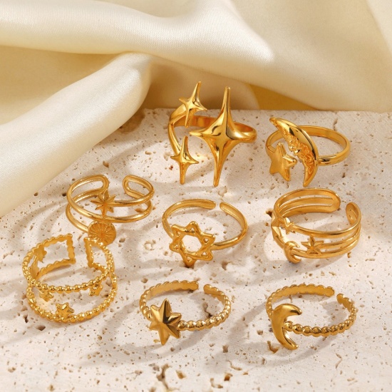 Picture of Wholesale Women's Gift Star Moon Open Adjustable Rings, 18K Gold Plated 304 Stainless Steel, Eco-friendly PVD Galaxy Stylish Jewelry Supply