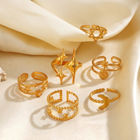 Picture of Wholesale Women's Gift Star Moon Open Adjustable Rings, 18K Gold Plated 304 Stainless Steel, Eco-friendly PVD Galaxy Stylish Jewelry Supply