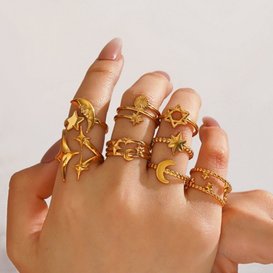 Picture of Wholesale Women's Gift Star Moon Open Adjustable Rings, 18K Gold Plated 304 Stainless Steel, Eco-friendly PVD Galaxy Stylish Jewelry Supply