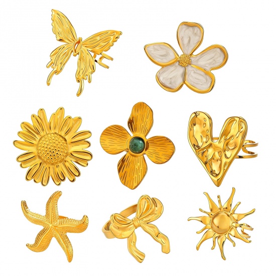 Bild von Großhandel Frauen Geschenk Blumen Schmetterling Offen Verstellbar Ring, 18K Vergoldet 304 Edelstahl, Umweltfreundliche PVD Exquisit Stilvoll Schmuckbedarf
