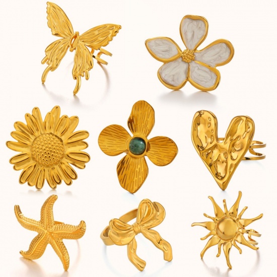 Bild von Großhandel Frauen Geschenk Blumen Schmetterling Offen Verstellbar Ring, 18K Vergoldet 304 Edelstahl, Umweltfreundliche PVD Exquisit Stilvoll Schmuckbedarf
