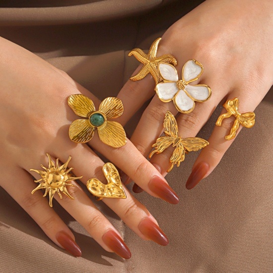 Bild von Großhandel Frauen Geschenk Blumen Schmetterling Offen Verstellbar Ring, 18K Vergoldet 304 Edelstahl, Umweltfreundliche PVD Exquisit Stilvoll Schmuckbedarf