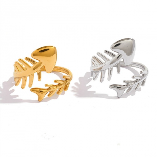 Picture of Wholesale Women's Gift Fish Bone Open Adjustable Rings, 304 Stainless Steel, Eco-friendly Ocean Jewelry Stylish Jewelry Supply, 18.3mm(US Size 8.25)