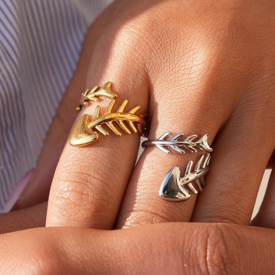 Picture of Wholesale Women's Gift Fish Bone Open Adjustable Rings, 304 Stainless Steel, Eco-friendly Ocean Jewelry Stylish Jewelry Supply, 18.3mm(US Size 8.25)
