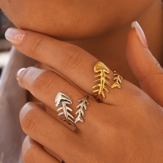 Picture of Wholesale Women's Gift Fish Bone Open Adjustable Rings, 304 Stainless Steel, Eco-friendly Ocean Jewelry Stylish Jewelry Supply, 18.3mm(US Size 8.25)
