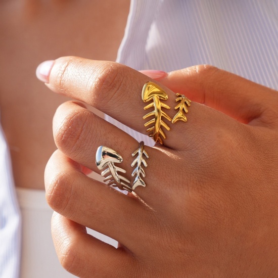 Picture of Wholesale Women's Gift Fish Bone Open Adjustable Rings, 304 Stainless Steel, Eco-friendly Ocean Jewelry Stylish Jewelry Supply, 18.3mm(US Size 8.25)