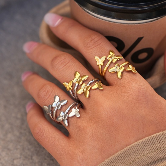 Picture of Wholesale Women's Gift Butterfly Animal Open Adjustable Rings, 304 Stainless Steel, Eco-friendly Insect Stylish Jewelry Supply, 18.5mm(US size 8.5)