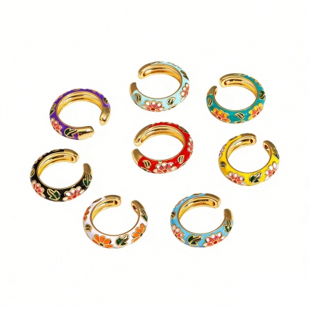 Image de Bagues En Gros Plaqué Or 18K en Laiton, aux Femmes Cadeau Fleurs Multicolore Émail Ouvert Ajoustable Exquis À la Mode Fournitures de Bijoux 1 Pièce