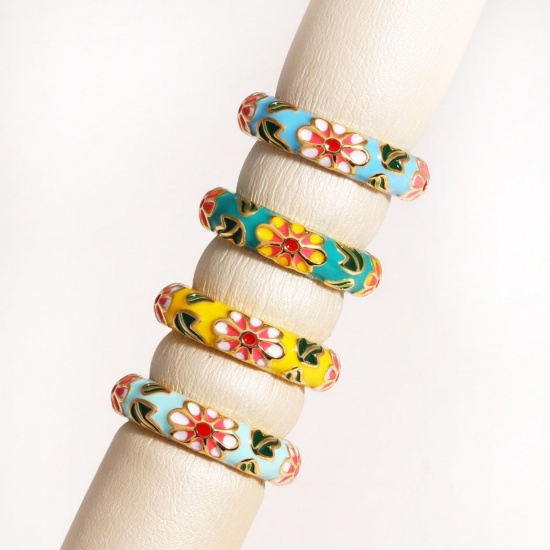 Picture of Wholesale Women's Gift Flower Multicolor Enamel Open Adjustable Rings, 18K Gold Plated Brass, Exquisite Stylish Jewelry Supply