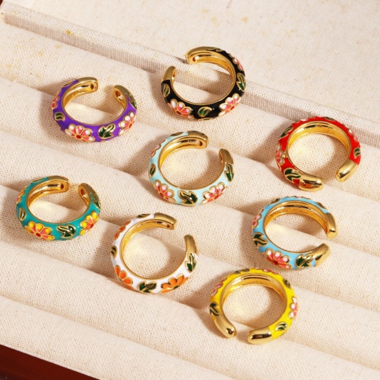 Picture of Wholesale Women's Gift Flower Multicolor Enamel Open Adjustable Rings, 18K Gold Plated Brass, Exquisite Stylish Jewelry Supply