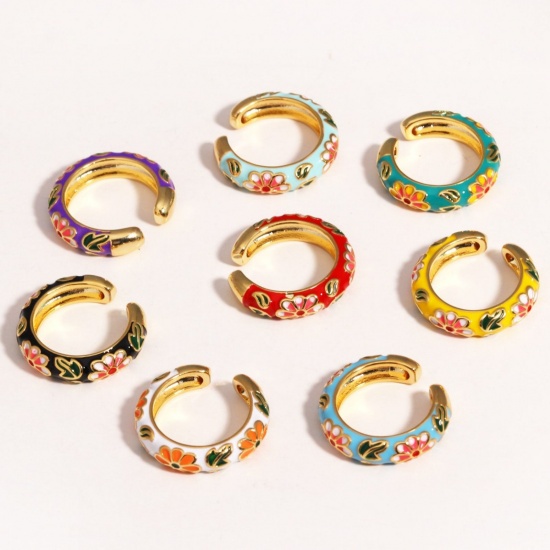 Picture of Wholesale Women's Gift Flower Multicolor Enamel Open Adjustable Rings, 18K Gold Plated Brass, Exquisite Stylish Jewelry Supply