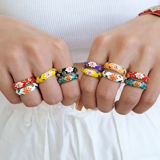 Picture of Wholesale Women's Gift Flower Multicolor Enamel Open Adjustable Rings, 18K Gold Plated Brass, Exquisite Stylish Jewelry Supply