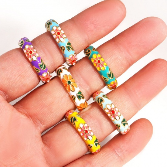 Picture of Wholesale Women's Gift Flower Multicolor Enamel Open Adjustable Rings, 18K Gold Plated Brass, Exquisite Stylish Jewelry Supply