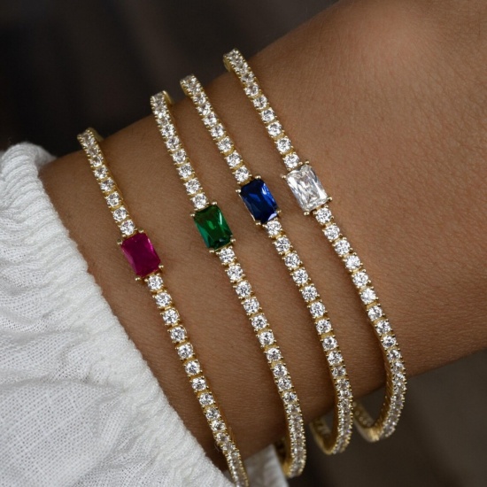 Imagen de Multicolor Circón Artificial Latón Pulsera de Tenis Al Por Mayor, Mujeres Elegante Minimalista Regalo Suministro de Joyería, 16cm + 5cm longitud, 1 Unidad