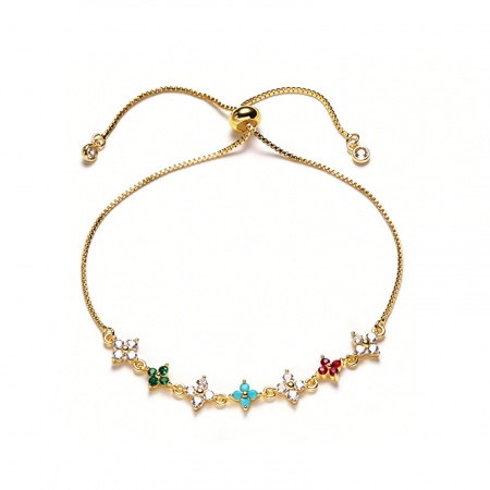 Picture of Wholesale Flower Multicolour Cubic Zirconia Brass Adjustable Slider/ Slide Bolo Bracelets, Women's Exquisite Stylish Gift Jewelry Supply, 26cm(10.2") long