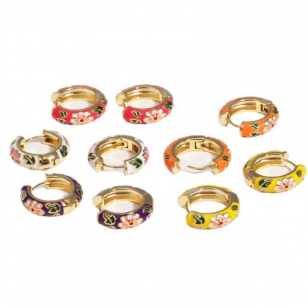 Image de Boucles d'Oreilles Créoles En Gros Plaqué Or 18K en Laiton, Exquis À la Mode Fleurs Émail aux Femmes Cadeau Fournitures de Bijoux 23mm Dia., 1 Paire