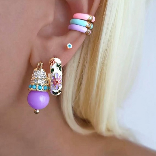 Picture of Wholesale Exquisite Stylish Hoop Earrings, Flower Enamel 18K Gold Plated Brass, Women's Gift Jewelry Supply, 23mm Dia.