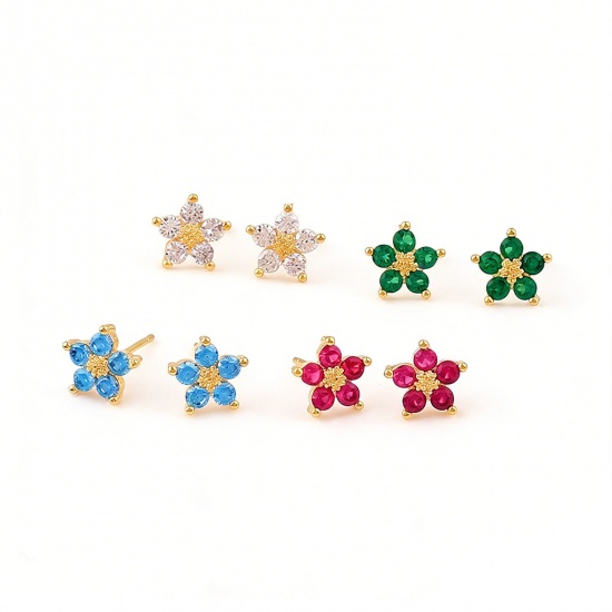 Imagen de Exquisito Estilo Ins Pendientes de Poste de Oreja Al Por Mayor, Flor Multicolor Circón Artificial Chapado en Oro de 18K Latón, Mujeres Regalo Suministro de Joyería, 7.5mm Dia., 1 Par