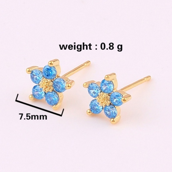Imagen de Exquisito Estilo Ins Pendientes de Poste de Oreja Al Por Mayor, Flor Multicolor Circón Artificial Chapado en Oro de 18K Latón, Mujeres Regalo Suministro de Joyería, 7.5mm Dia., 1 Par