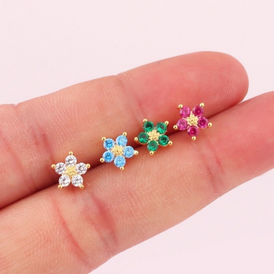Imagen de Exquisito Estilo Ins Pendientes de Poste de Oreja Al Por Mayor, Flor Multicolor Circón Artificial Chapado en Oro de 18K Latón, Mujeres Regalo Suministro de Joyería, 7.5mm Dia., 1 Par