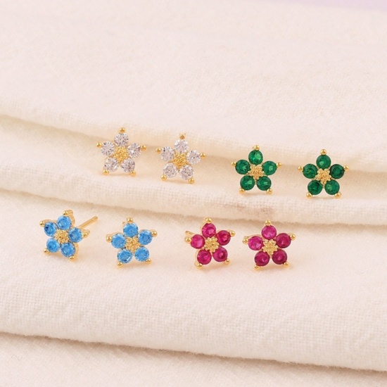 Imagen de Exquisito Estilo Ins Pendientes de Poste de Oreja Al Por Mayor, Flor Multicolor Circón Artificial Chapado en Oro de 18K Latón, Mujeres Regalo Suministro de Joyería, 7.5mm Dia., 1 Par