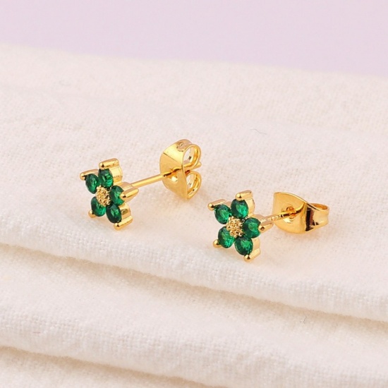 Imagen de Exquisito Estilo Ins Pendientes de Poste de Oreja Al Por Mayor, Flor Multicolor Circón Artificial Chapado en Oro de 18K Latón, Mujeres Regalo Suministro de Joyería, 7.5mm Dia., 1 Par