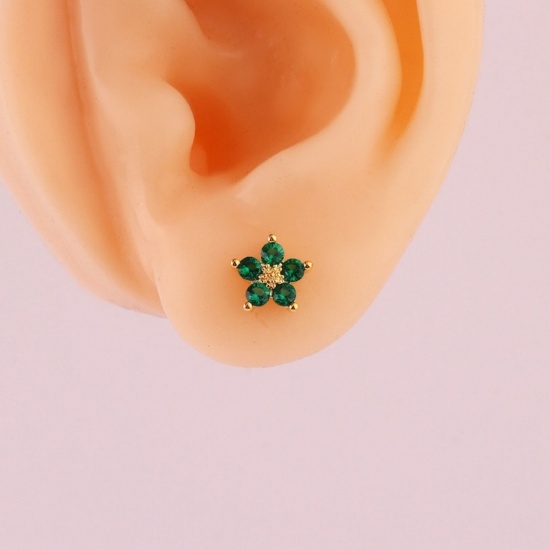 Imagen de Exquisito Estilo Ins Pendientes de Poste de Oreja Al Por Mayor, Flor Multicolor Circón Artificial Chapado en Oro de 18K Latón, Mujeres Regalo Suministro de Joyería, 7.5mm Dia., 1 Par