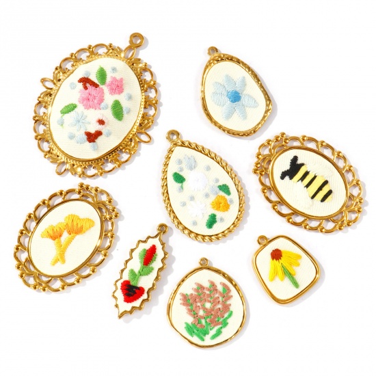 Immagine di 1 Pz PVD Ecologica Anti-Ossidante Ipoallergenico 304 Acciaio Inossidabile Ciondoli Pendenti All'Ingrosso 18K Vero Oro Placcato Multicolore Geometrica Fiore Fatto Ricamato